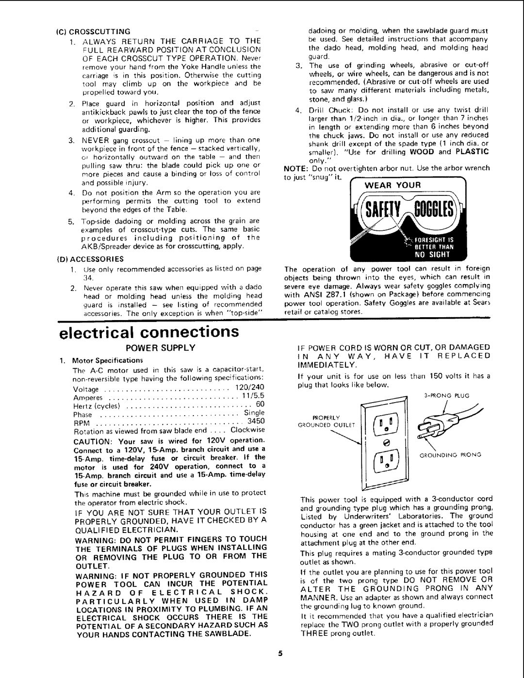 Sears 113.19771 owner manual Electrical connections, Power Supply, Motor Specifications, Saw 