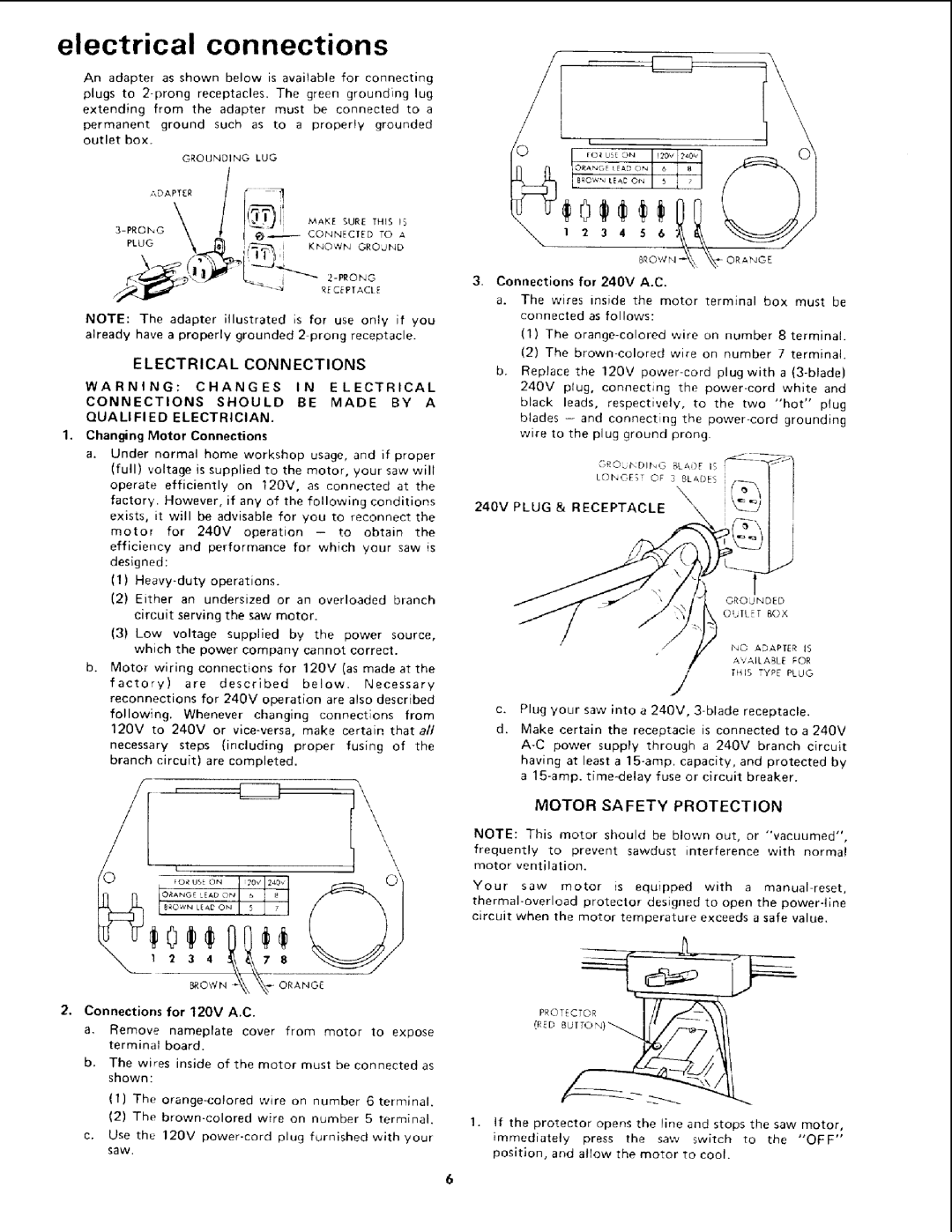 Sears 113.19771 Electrical Connections, Motor Safety Protection, Connections should be Made by a, Qualified Electrician 