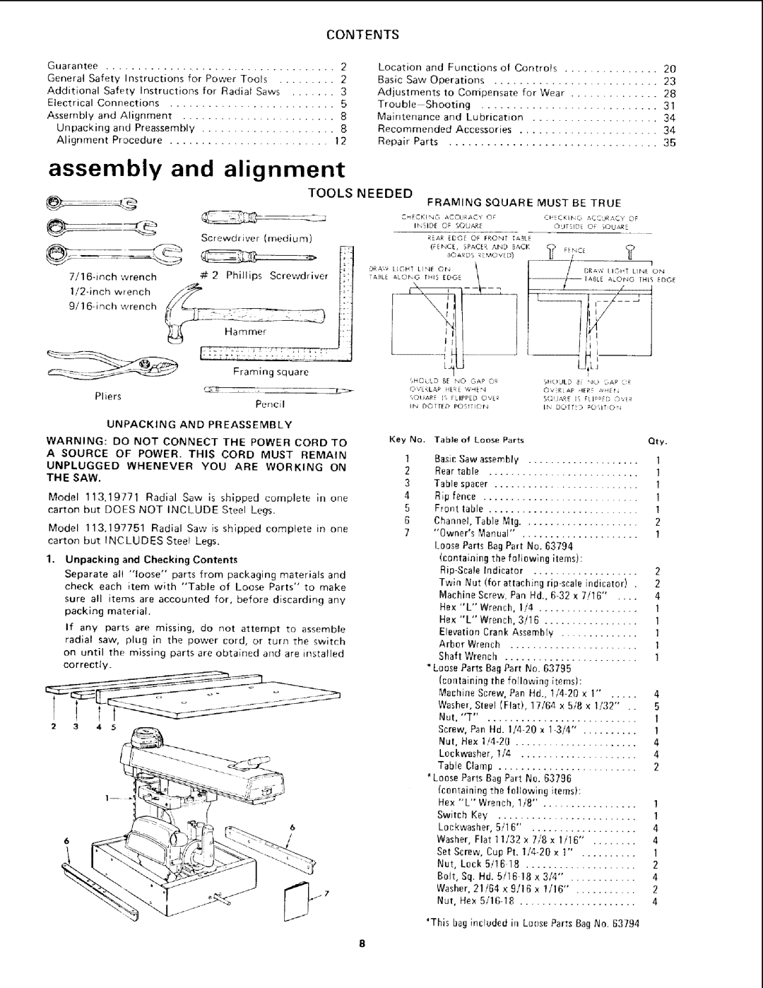 Sears 113.19771 owner manual Contents, Tools 