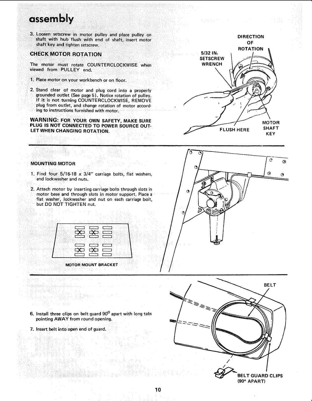 Sears 113.206930 manual LET When Changing Rotation Mounting Motor, Direction Rotation Setscrew Wrench, Belt Beltguard Clips 