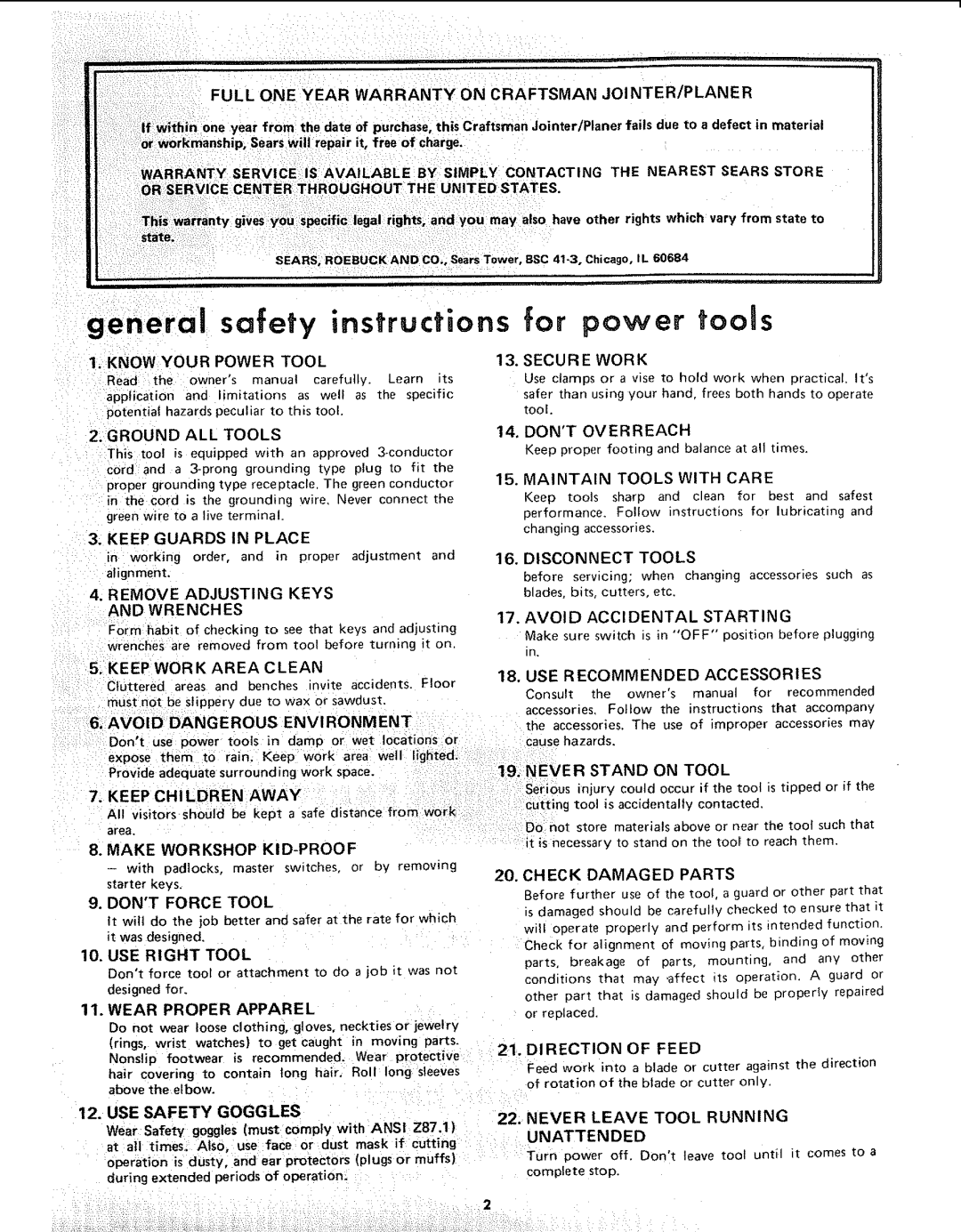 Sears 113.206930 Full Oneyear Warranty on Craftsman JOINTER/PLANER, Know Your Power Tool, Remove Adjusting Keys Wrenches 