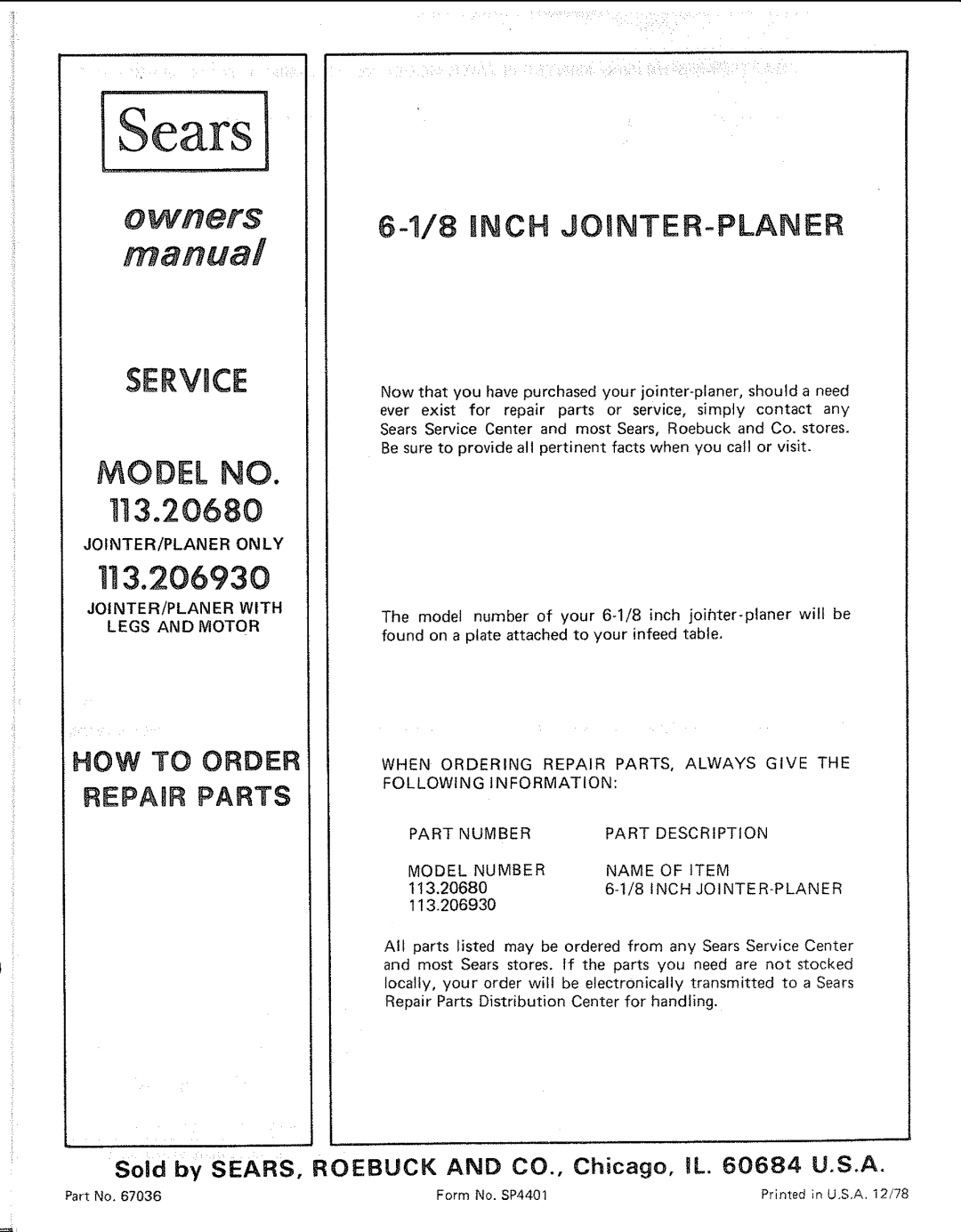 Sears 113.206930, 113.20680 manual JOINTER/PLANER on LY, Form No. SP4401 