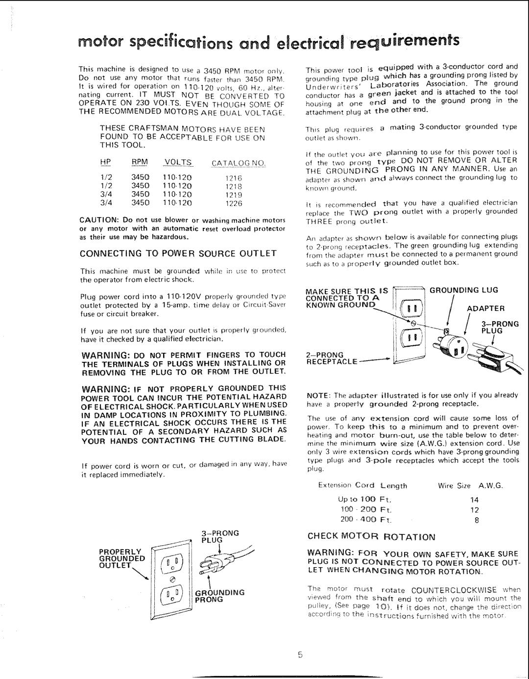 Sears 113.20680, 113.206930 manual Connecting to Power Source Outlet, Prong 