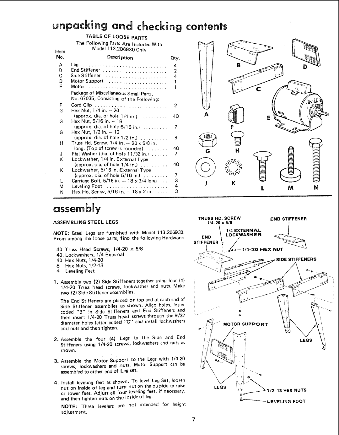 Sears 113.20680, 113.206930 manual Assembling Steel Legs 