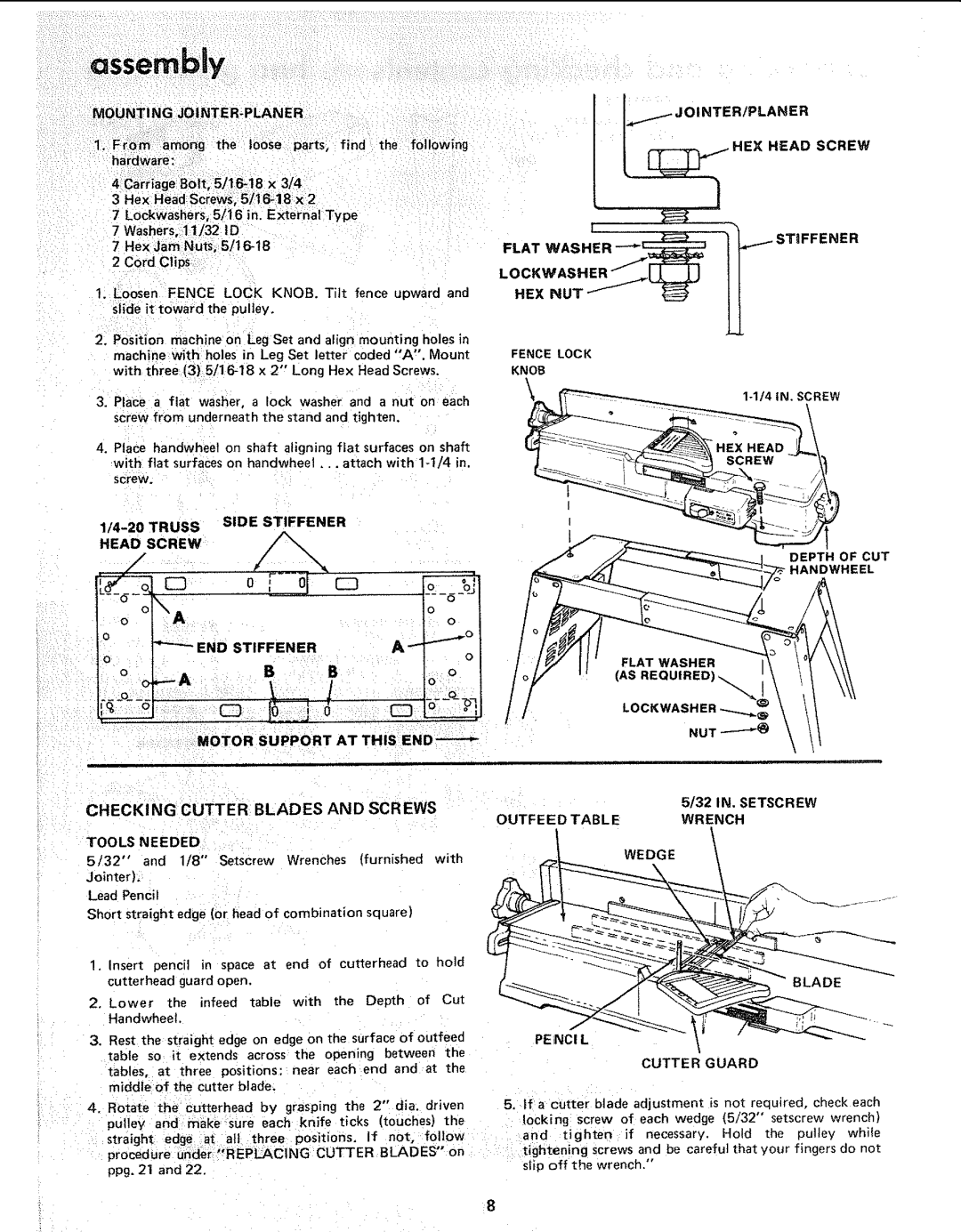 Sears 113.206930 manual CHECK! NG Cutter Blades and SCR EWS, Truss Side Stiffener Head Screw, Jo Inter/Planer, Cutter Guard 