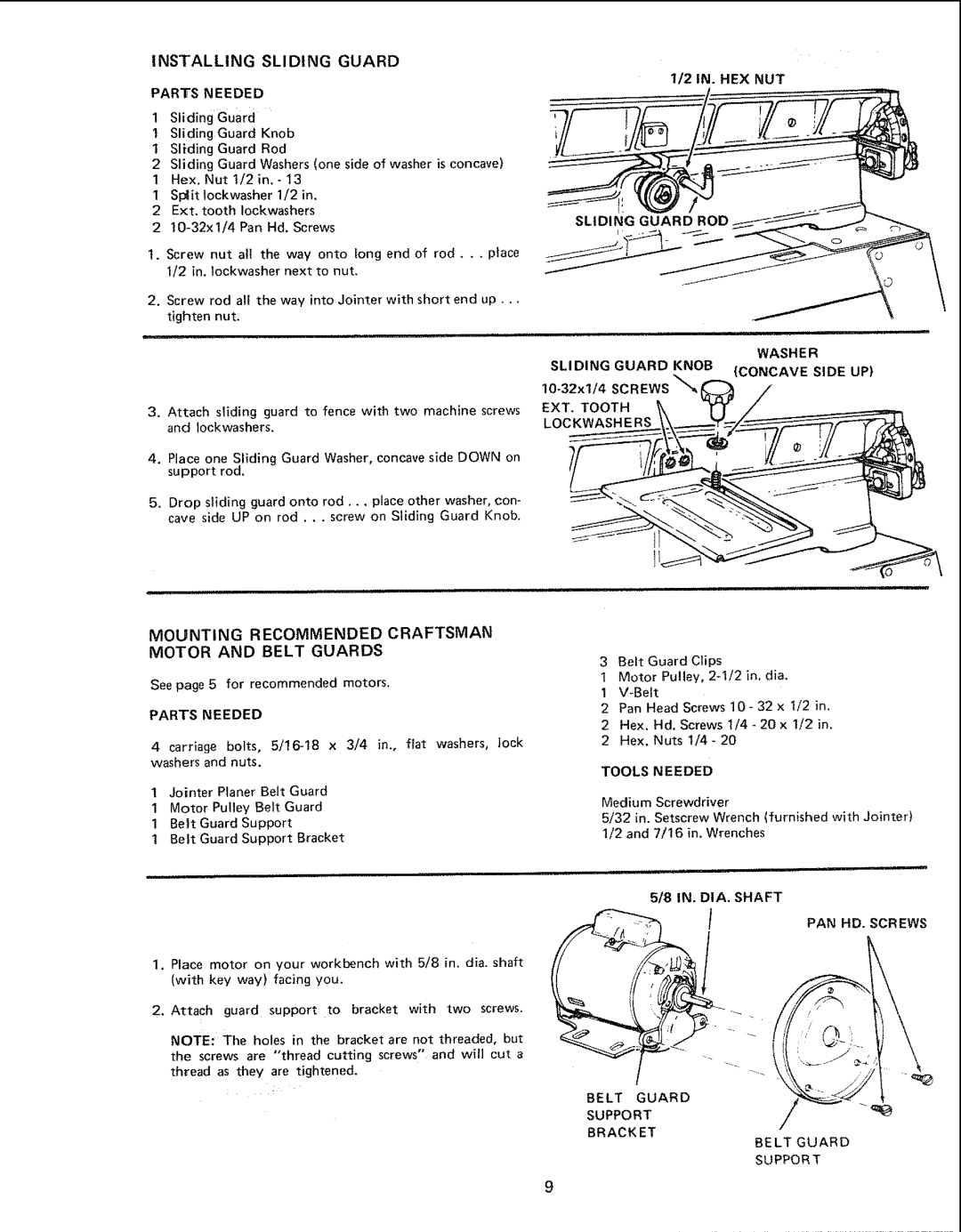 Sears 113.20680, 113.206930 manual INSTALLING Sliding Guard, Mounting Recommended Craftsman Motor and Belt Guards 