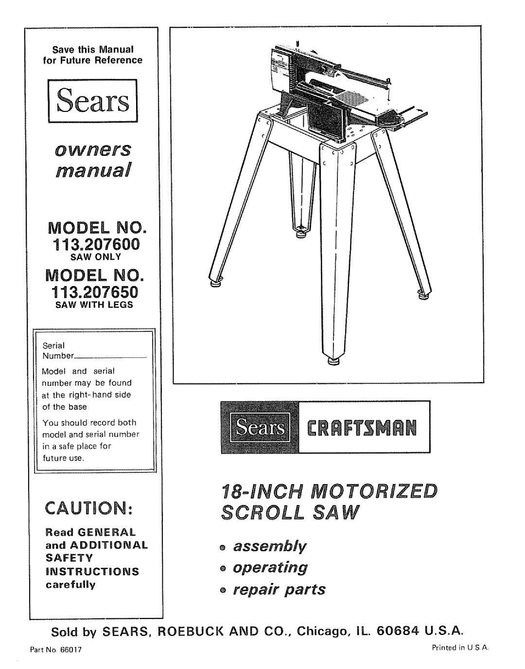 Sears 113.20765 manual Safety Hstructons, SAW only, SAW with Legs 