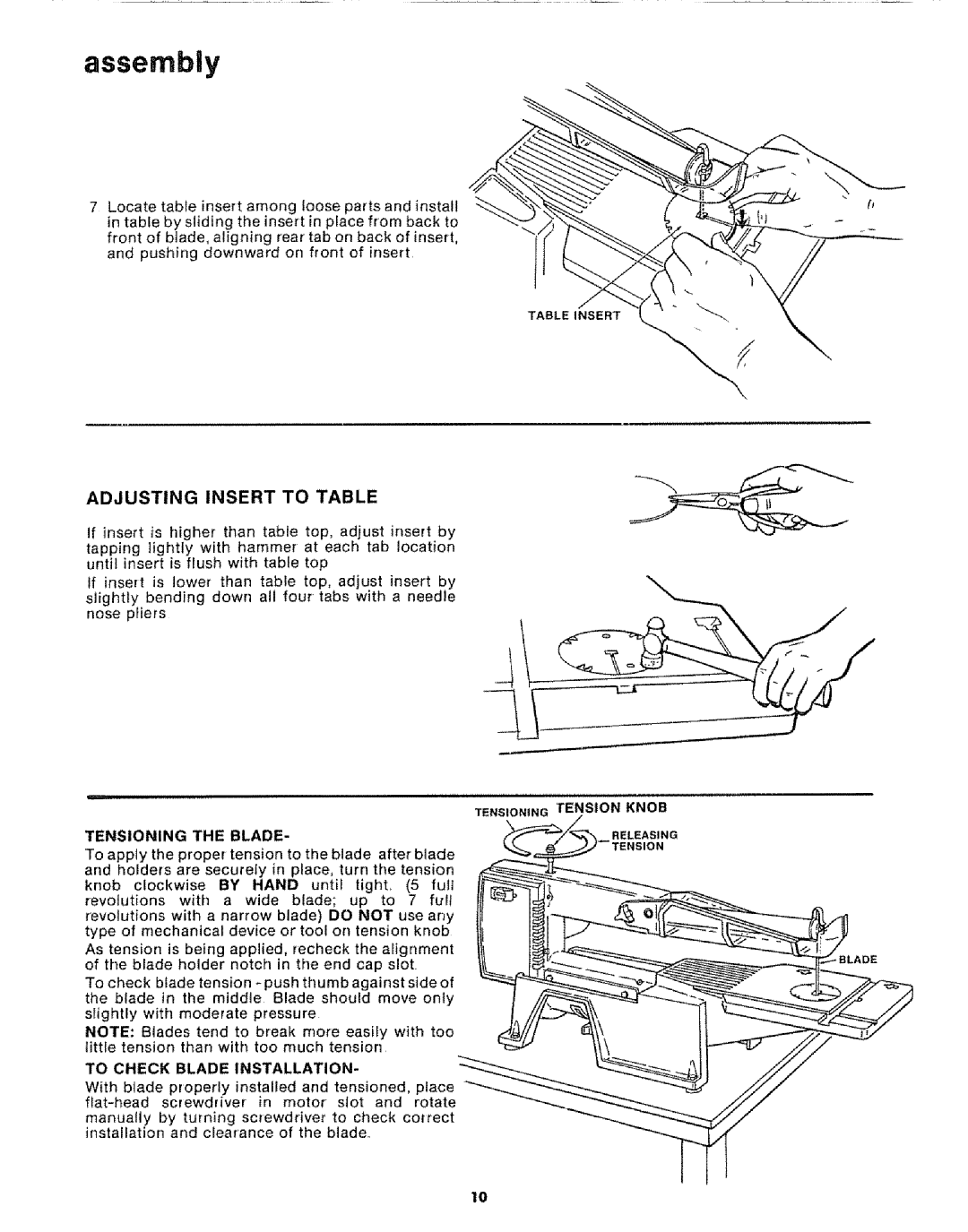 Sears 113.20765 manual Adjusting Insert to Table, Tensioning the Blade, To Check Blade Installation 