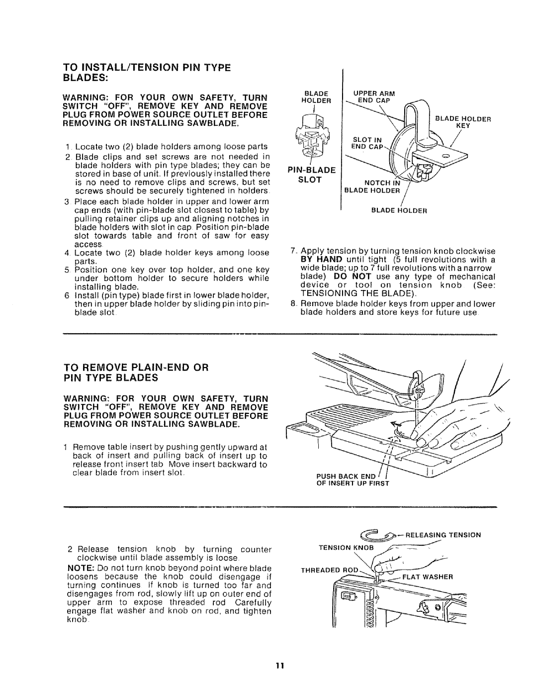 Sears 113.20765 manual To INSTALL/TENSION PIN Type Blades, Pin-Blade, Slot, Tensioning the Blade 