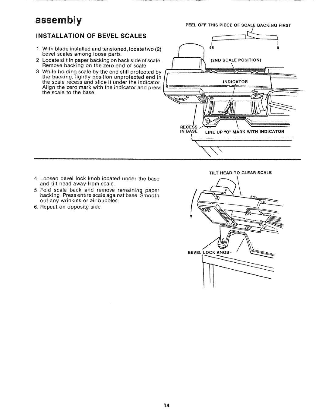 Sears 113.20765 manual Assembly, Installation of Bevel Scales 