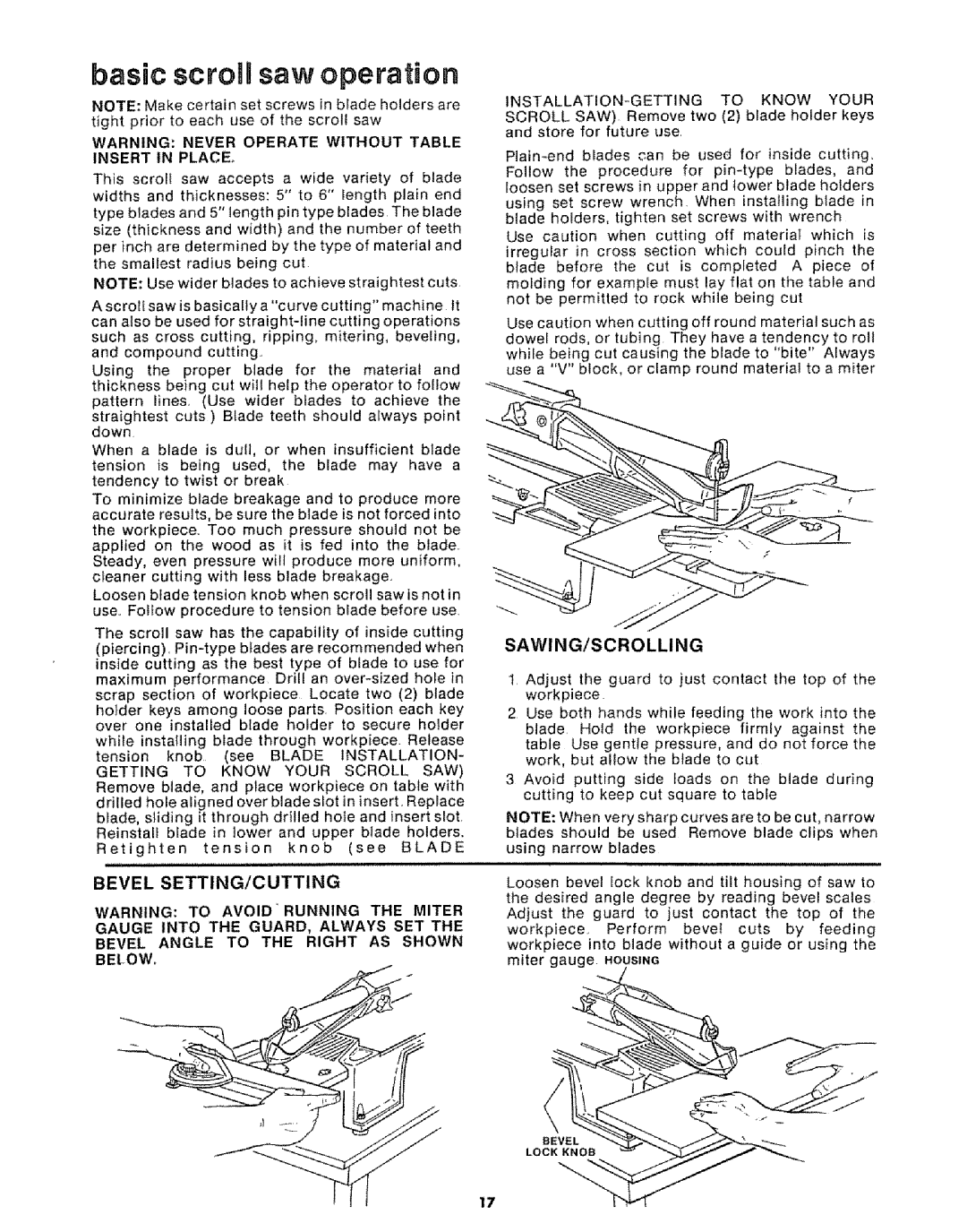 Sears 113.20765 manual Basic scronHsaw operation, Bevel SETTING/CUTTING, Bevel Angle to the Right AS Shown below 