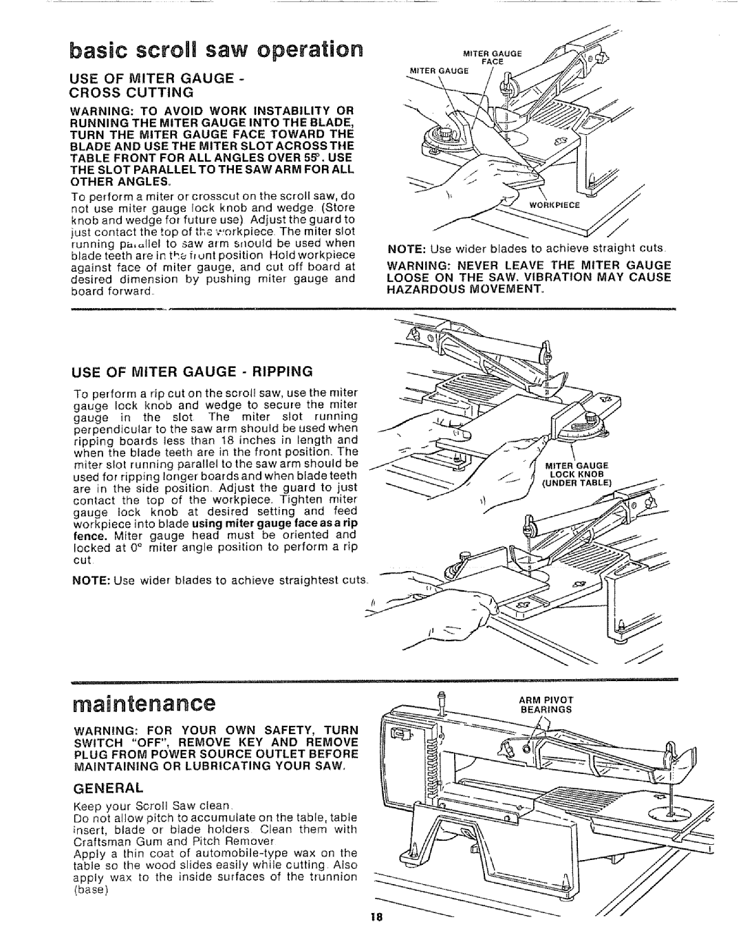 Sears 113.20765 manual Basic scroll saw operation, Cross Cutting, USE of Miter Gauge Ripping, General 