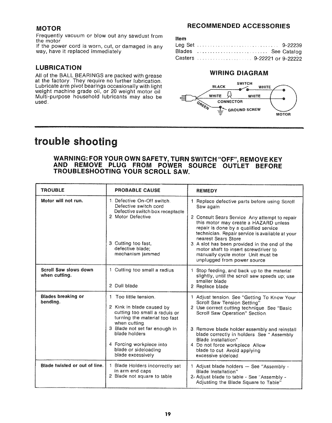 Sears 113.20765 manual Lubrication, Con.Ector, Motor, Recommended Accessories, Wiring Diagram 