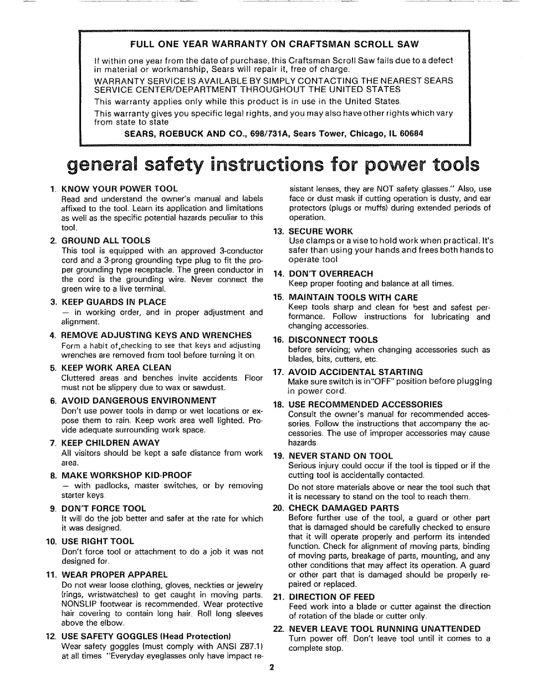 Sears 113.2076 manual Full ONE Year Warranty on Craftsman Scroll SAW, + Avoid Dangerous Environment, 10+ USE Right Tool 