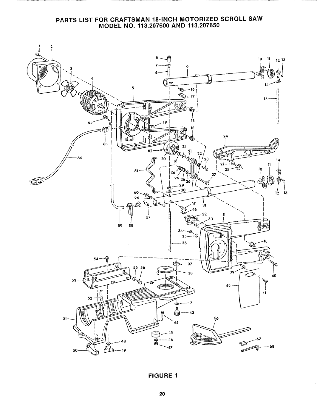 Sears 113.20765 manual Parts List for Craftsman 18-INCH Motorized Scroll SAW, Model no .207600 