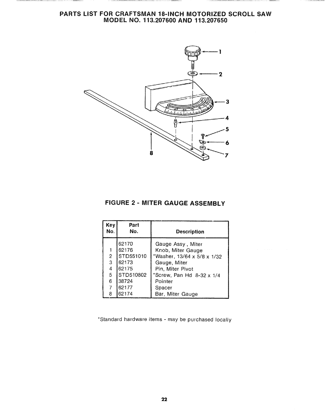 Sears 113.20765 manual Miter Gauge Assembly, Key Pa rt Description 