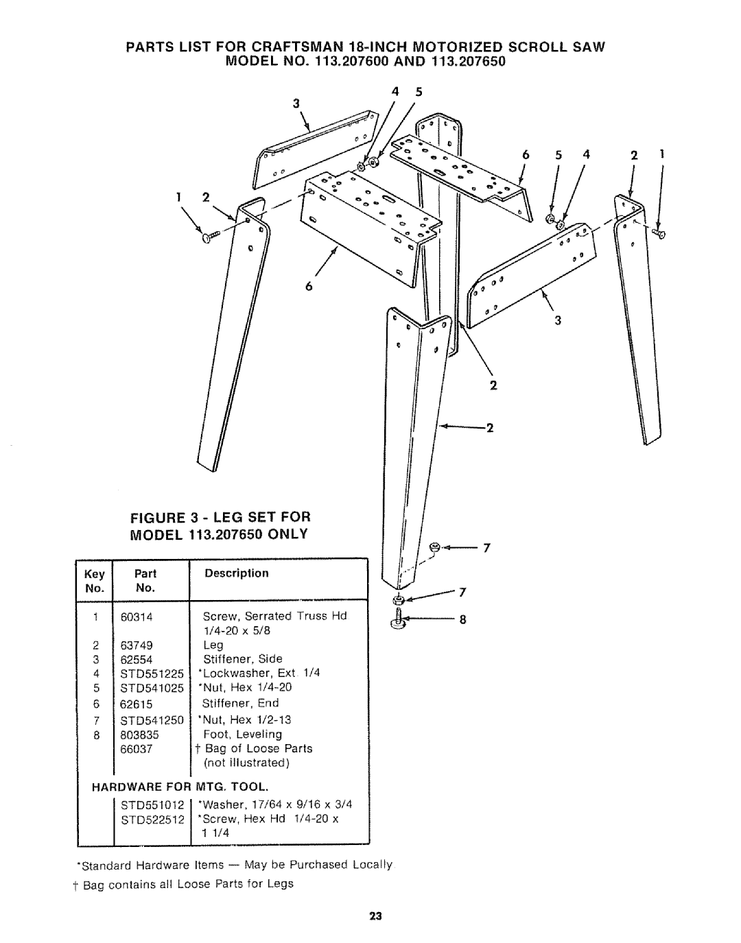 Sears manual Model no .207600 O6 5 4, 113.207650, Only, Key Part Description 