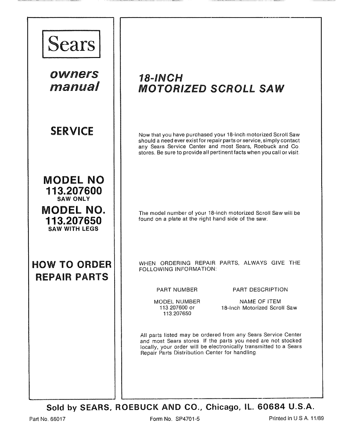 Sears 113.20765 manual Model no, Motorized Scroll SAW 