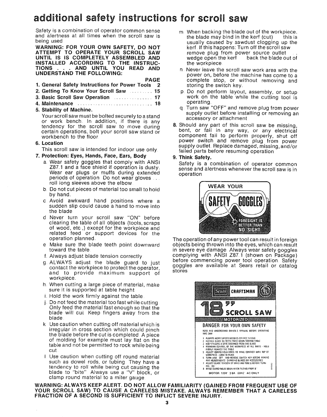 Sears 113.20765 manual Additional safety instructions for scroln saw, Understand the Following, Location, Think Safety 