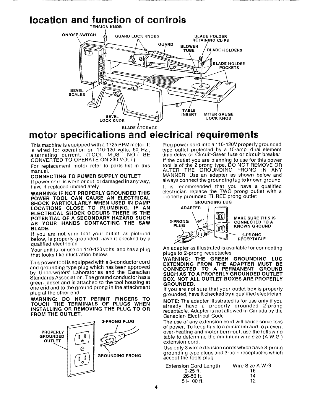 Sears 113.20765 manual Location and function of controls, Motor specifications and electrical requirements 