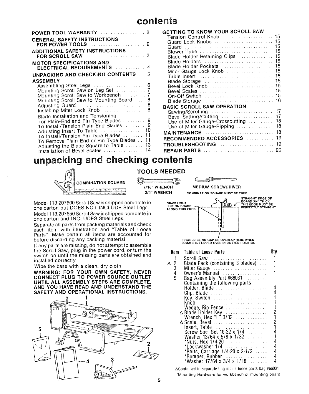 Sears 113.20765 manual Unpacking and checking contents 