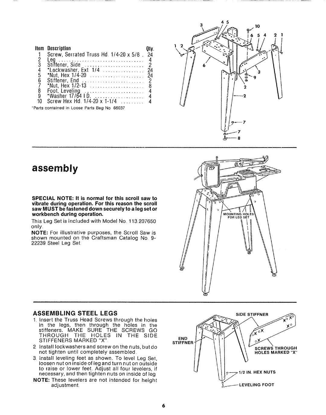 Sears 113.2076 manual Assembly, Assembling Steel Legs, Description Qty, End, Insert the Truss Head Screws through the holes 