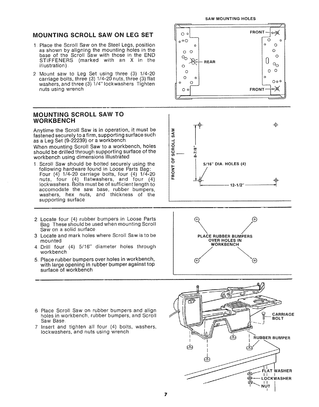 Sears 113.20765 manual Mounting Scroll SAW to Workbench, Mounting Scroll SAW on LEG SET 