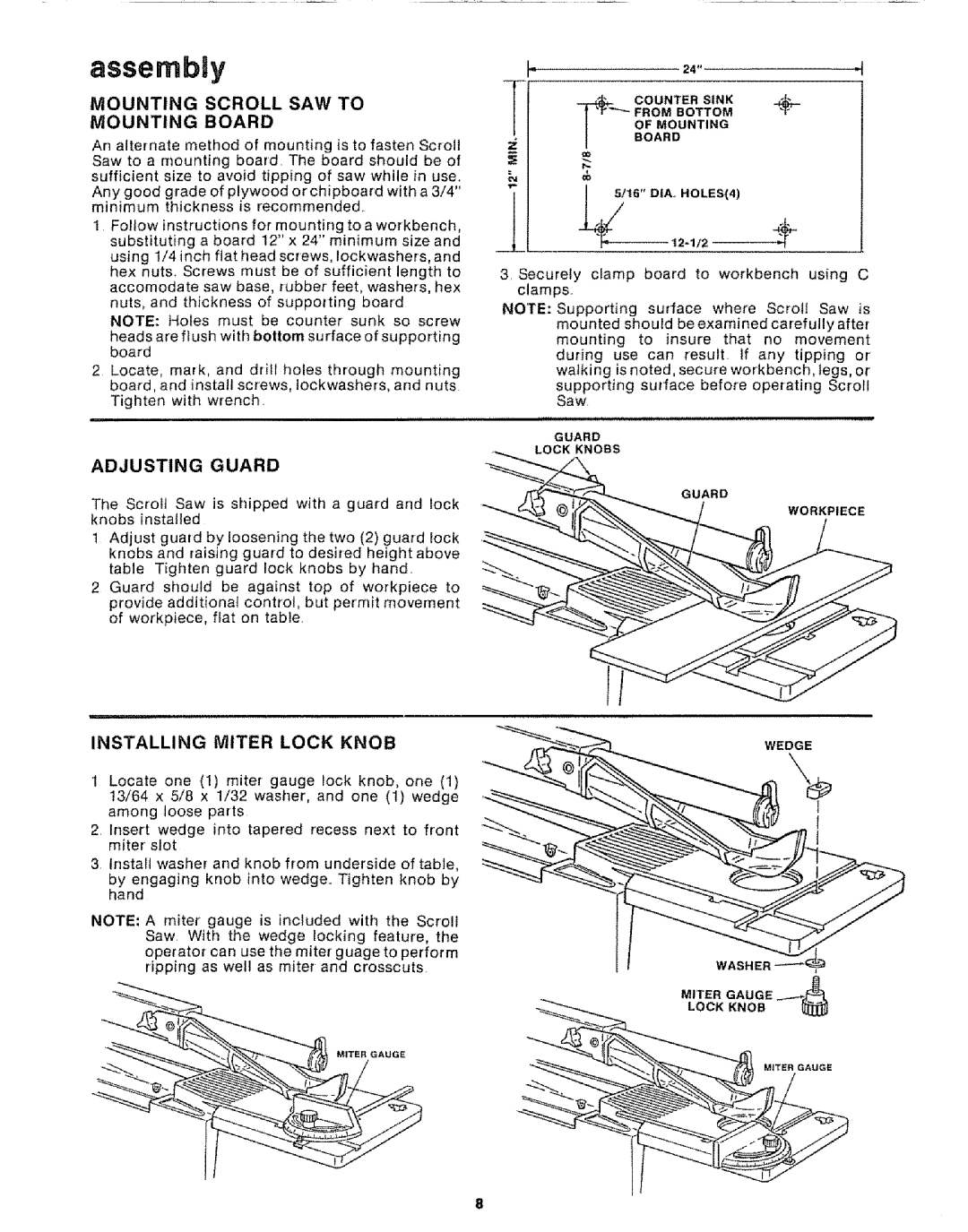 Sears 113.20765 manual Mounting Scroll SAW to Mounting Board, Adjusting Guard, Installing Miter Lock Knob 