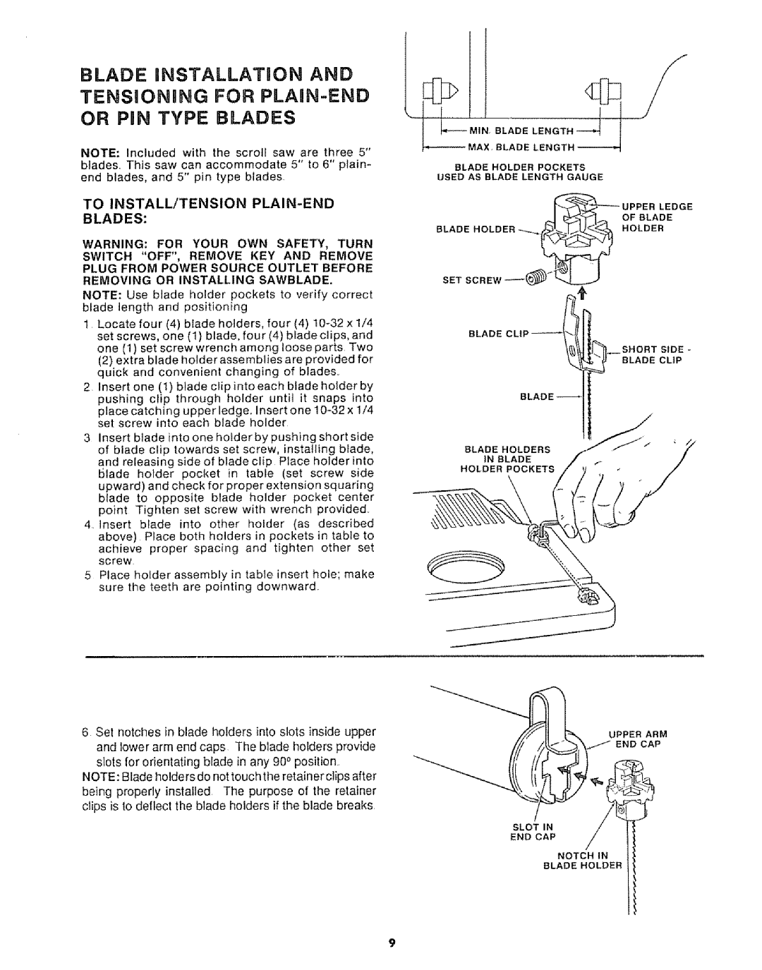 Sears 113.20765 manual TOINSTALL/TENSION PLAIN-END Blades, Switch OFF, Remove KEY and Remove 