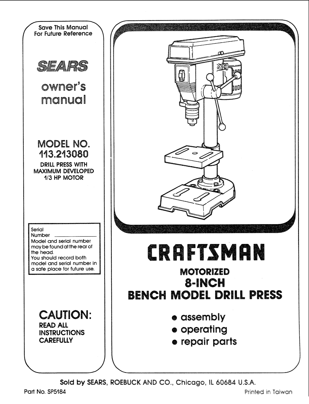 Sears 113.21308 manual T3.2!3080, Repair parts, Save This Manual, Part No. SP5184 