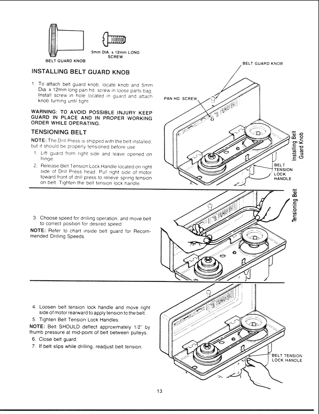 Sears 113.21308 manual INSTALLING Belt Guard Knob, Tensioning Belt 