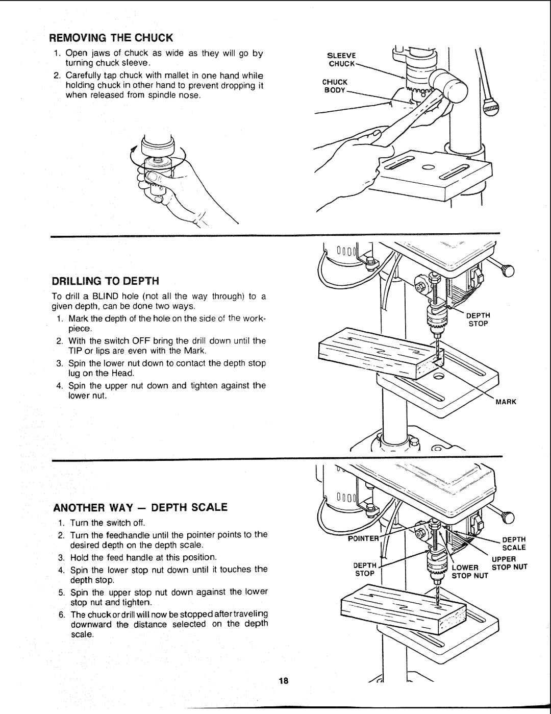 Sears 113.21308 manual Removing the Chuck, Drilling to Depth, Another WAY -- Depth Scale 