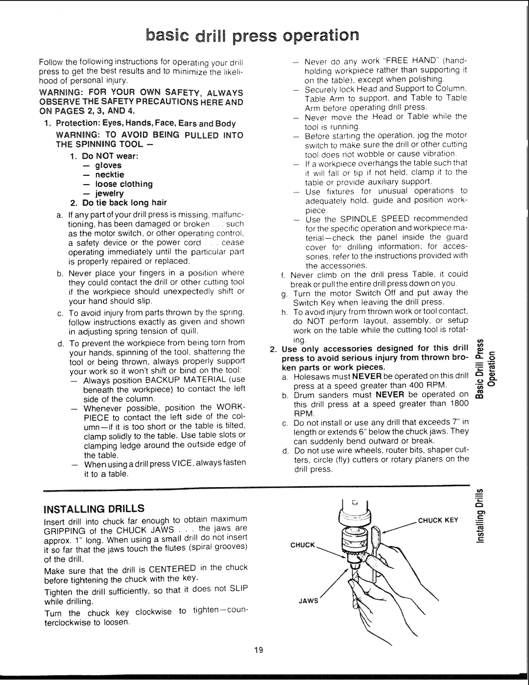 Sears 113.21308 manual Basic dr!IS press operation, INSTALLING Drills 