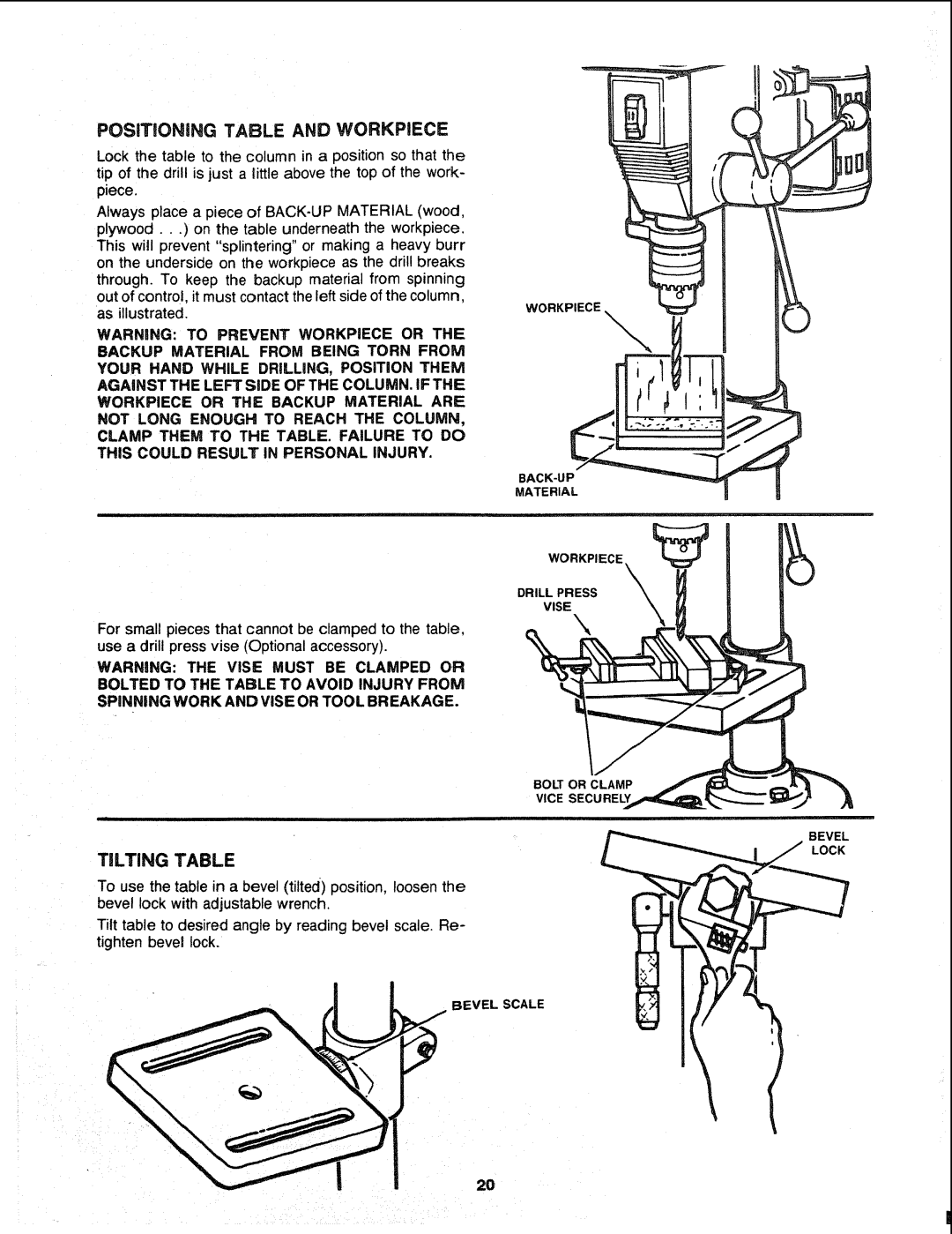 Sears 113.21308 manual POSITiONiNG Table and Workpiece, Tilting Table 