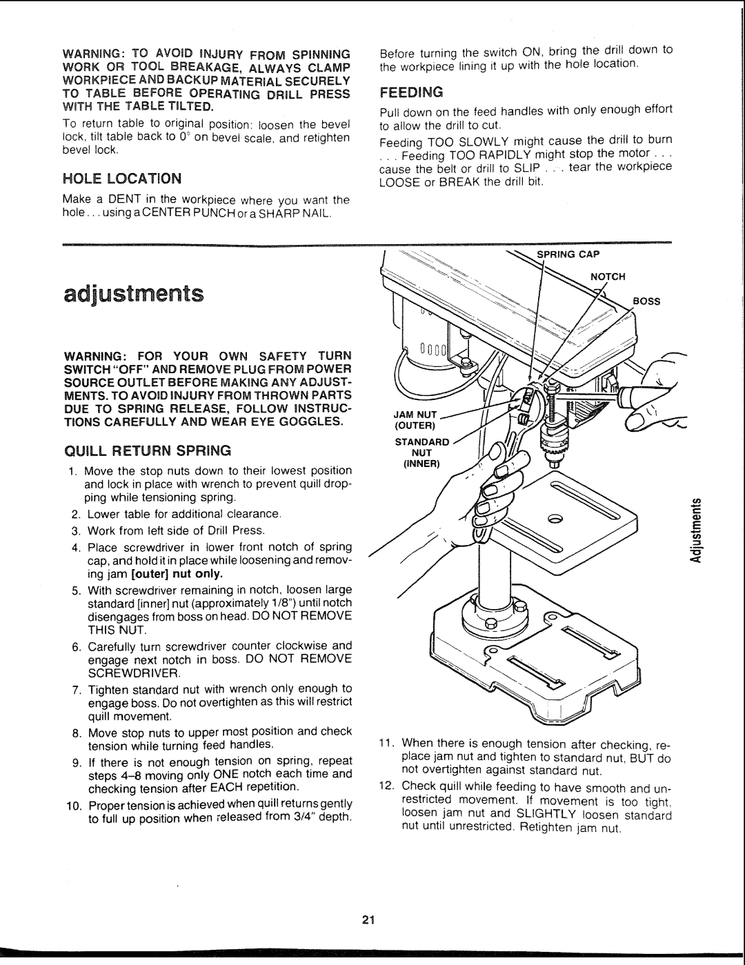 Sears 113.21308 manual Adjustments, Hole Location, Quill Return Spring, Feeding 