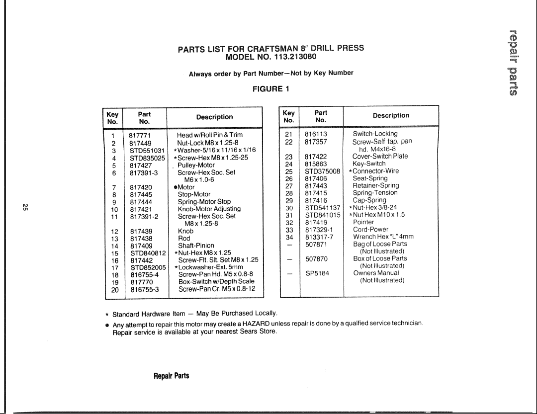 Sears 113.21308 manual Parts LiST for Craftsman 8 Drill Press, Always order by Part Number--Not by Key Number, Description 