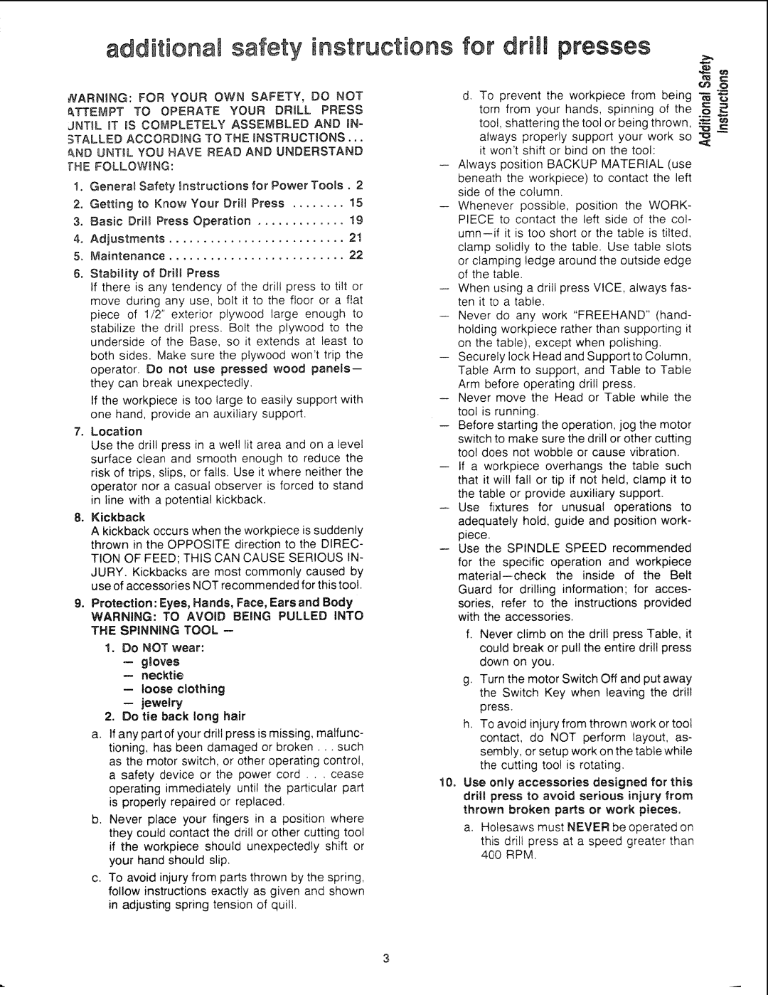 Sears 113.21308 Additional safety instructions for driJl presses, Protection Eyes, Hands, Face, Ears and Body Do not wear 