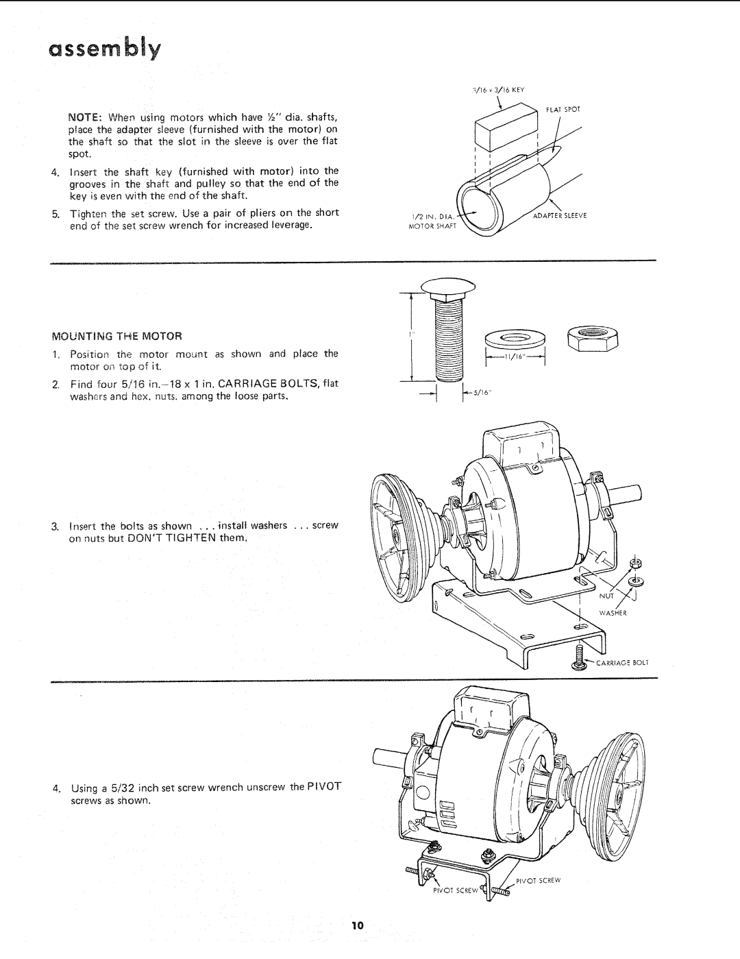 Sears 113.21371 manual Assembty, Mounting the Motor 