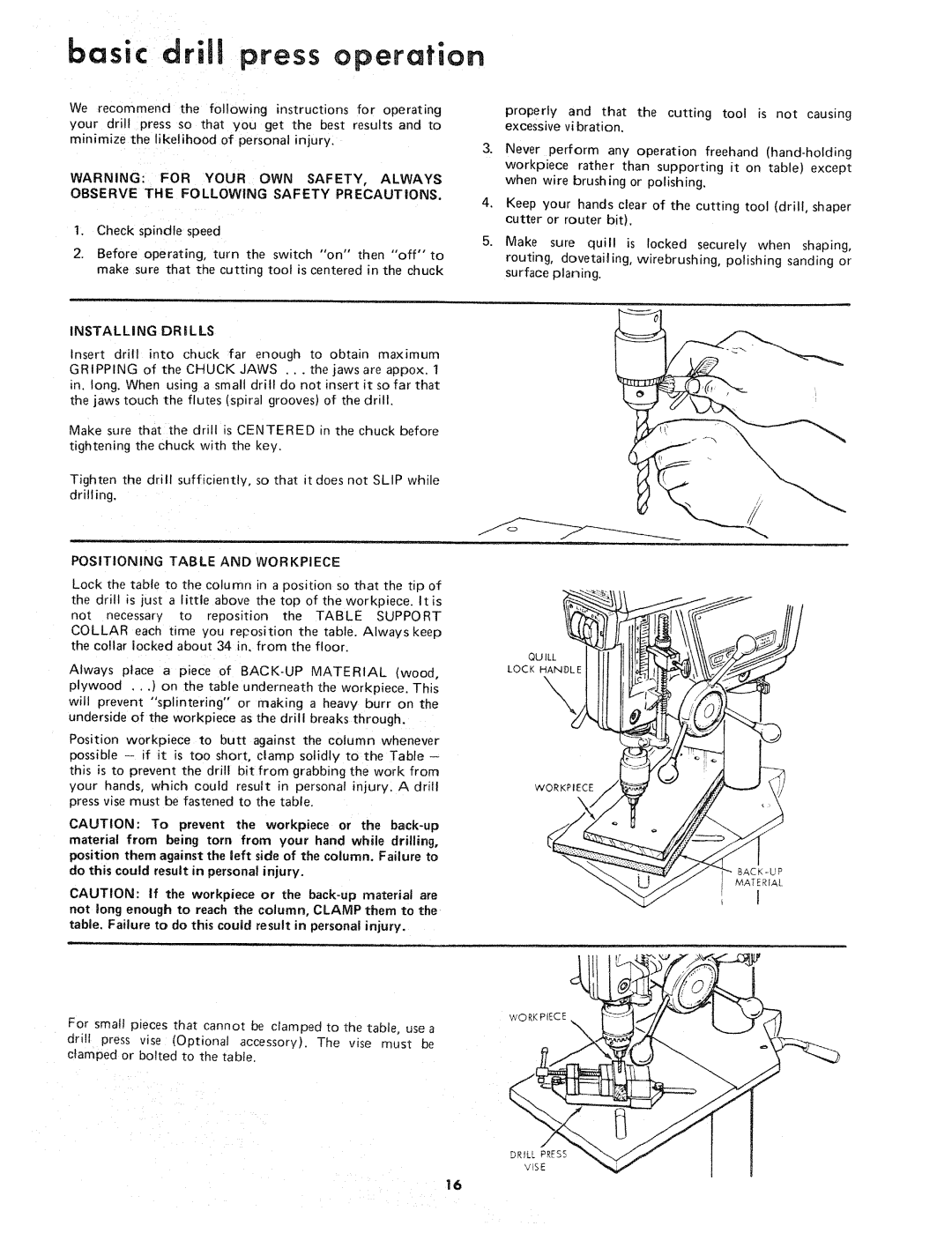 Sears 113.21371 Operation, Observe the Following Safety Precautions, Installing Drills, Positioning Table and Workpiece 