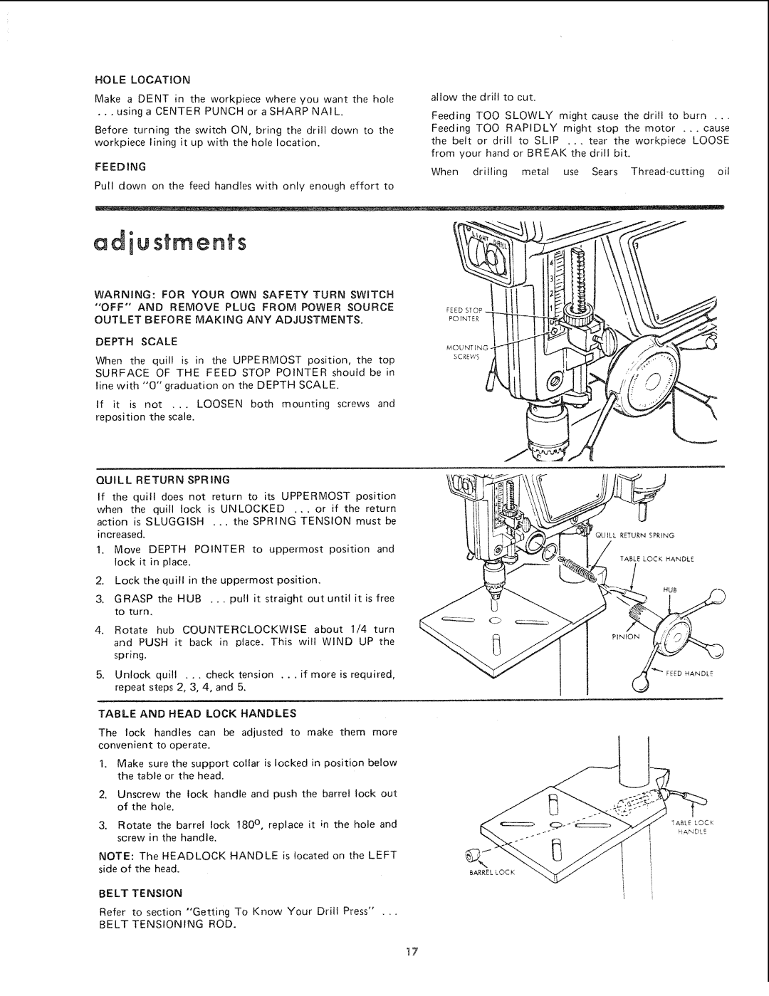 Sears 113.21371 manual Adiustments, Hole LOCAT!ON, Belt Tension 