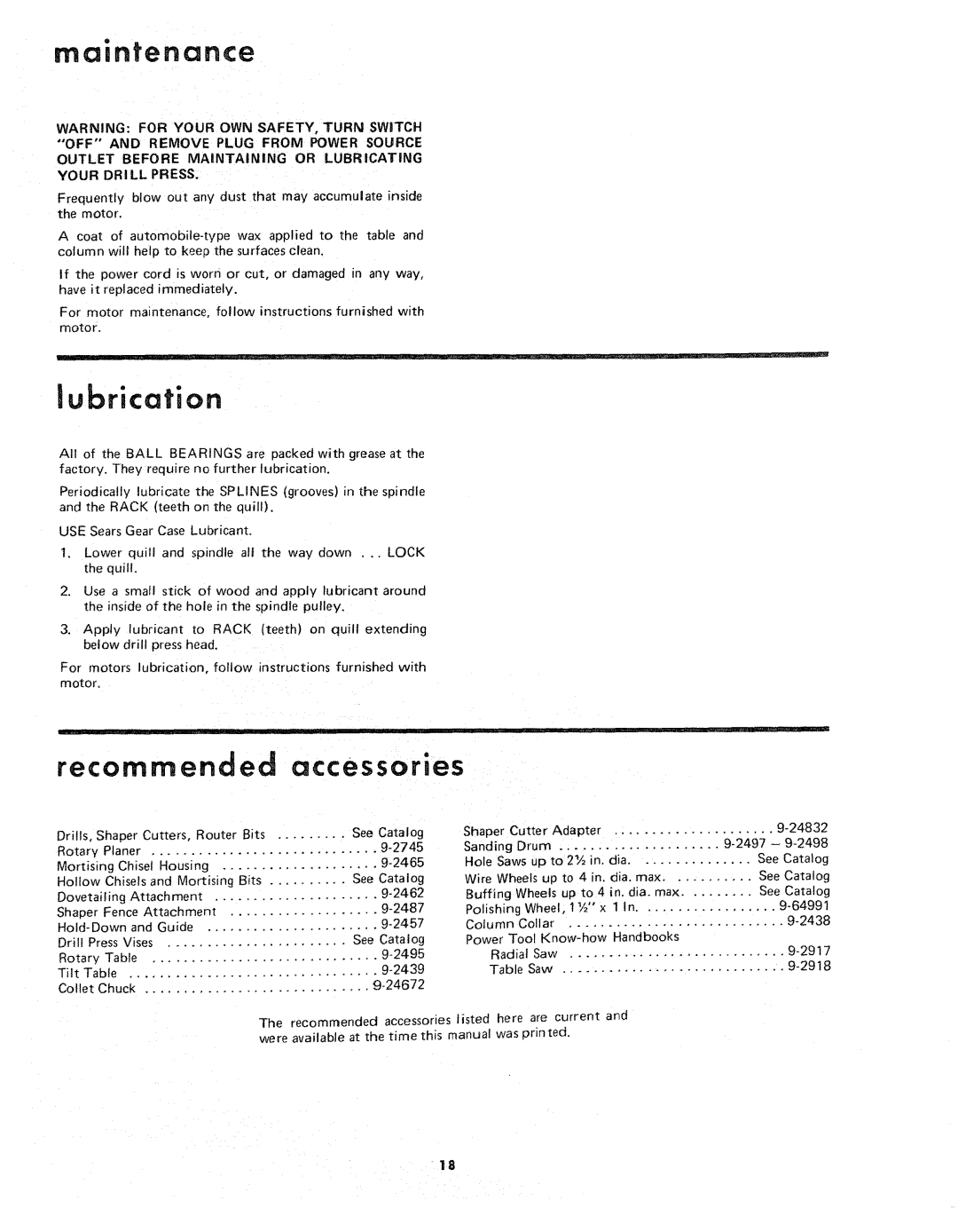 Sears 113.21371 Lubrication, Recommended accessories, Outlet Before Maintaining or Lubricating Your Drill Press, Wheel 