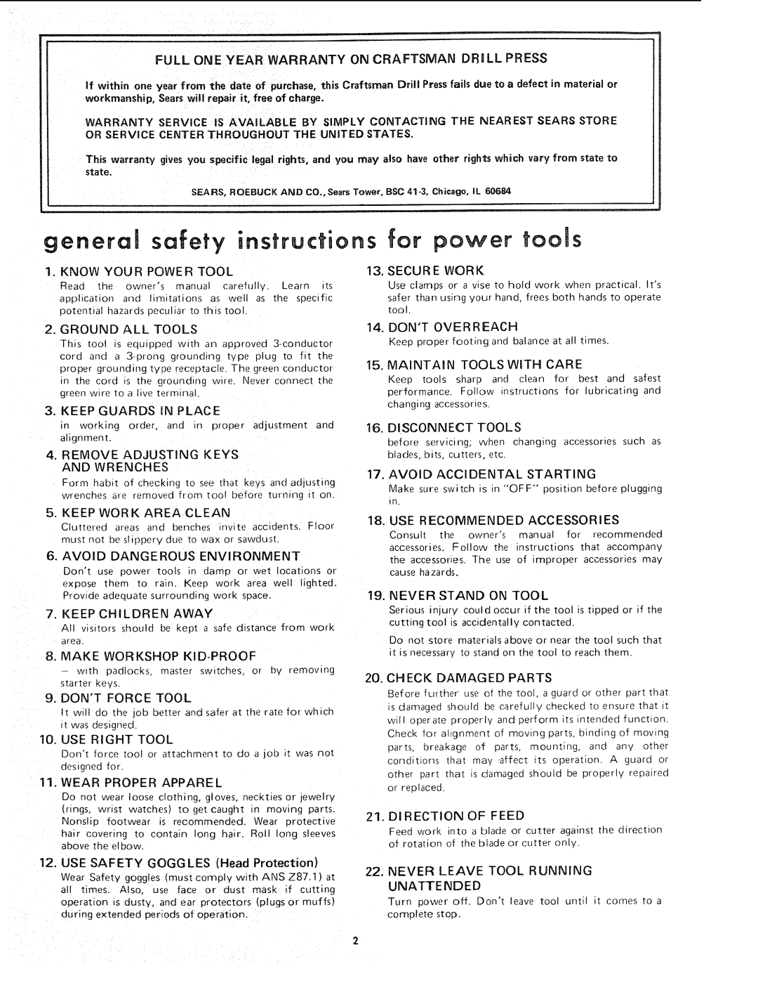 Sears 113.21371 manual Or power tools 