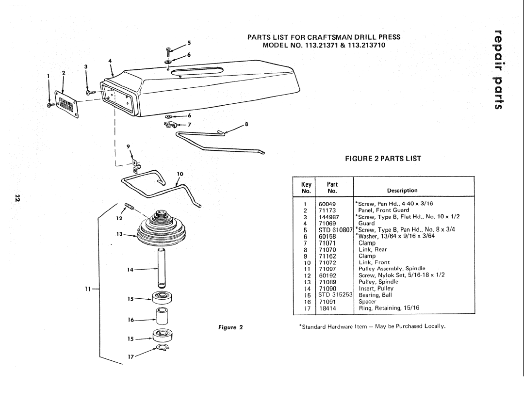 Sears 113.21371 manual Parts List for Craftsman Drill Press, Key 