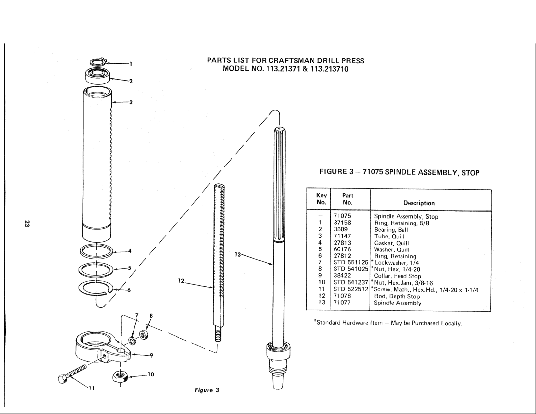 Sears 113.21371 manual Parts List for Craftsman Drill Press Model no .21371, Spindle ASSEMBLY, Stop 