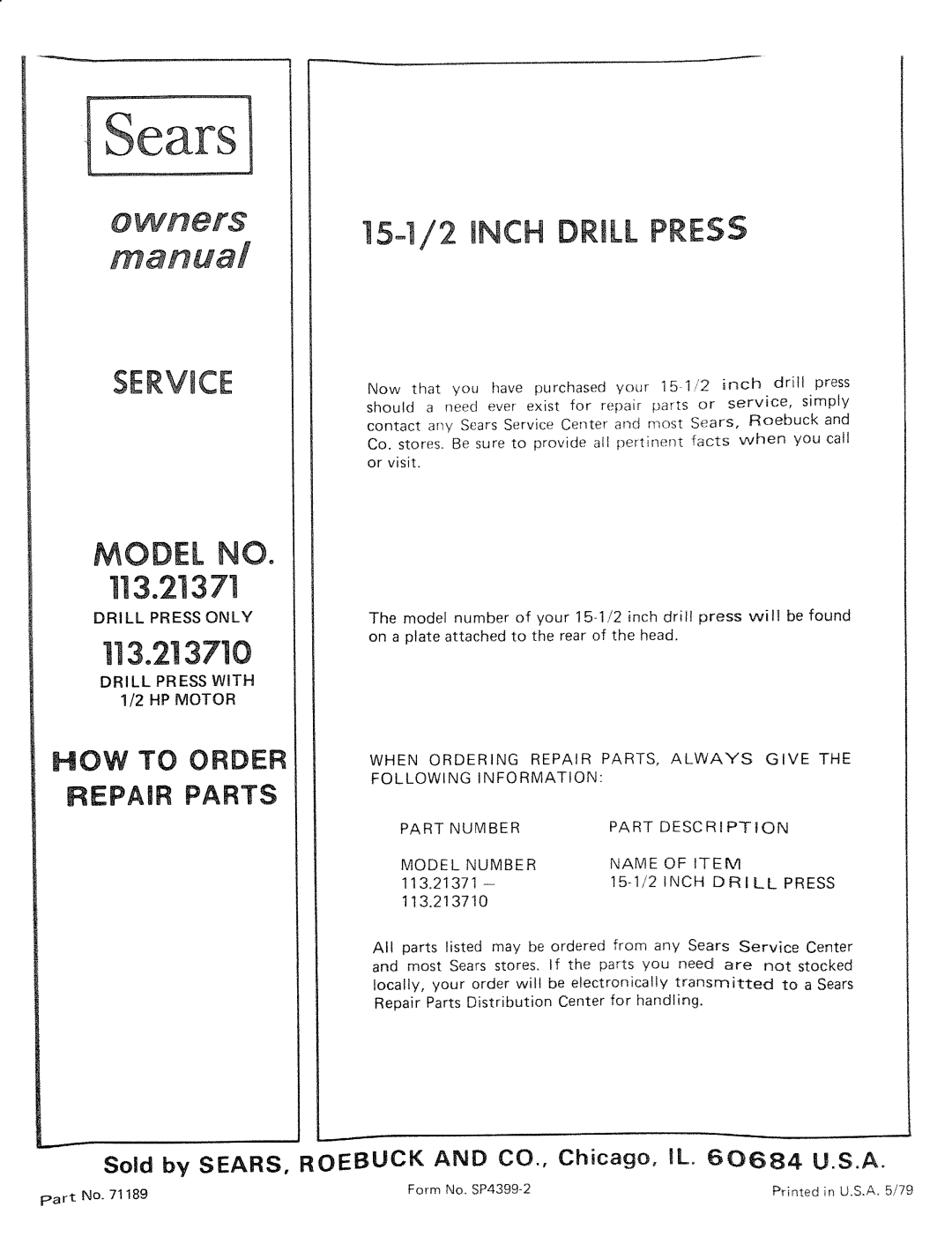 Sears 113.21371 manual 113.2!3710, Part, Model Number Name, Inch Drill 