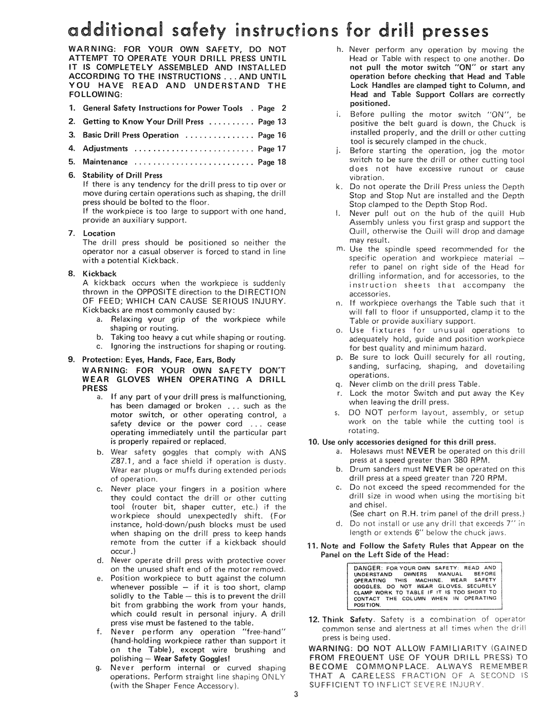 Sears 113.21371 manual Additionam safety instructions for drill presses, For Your OWN SAFETY, do not 