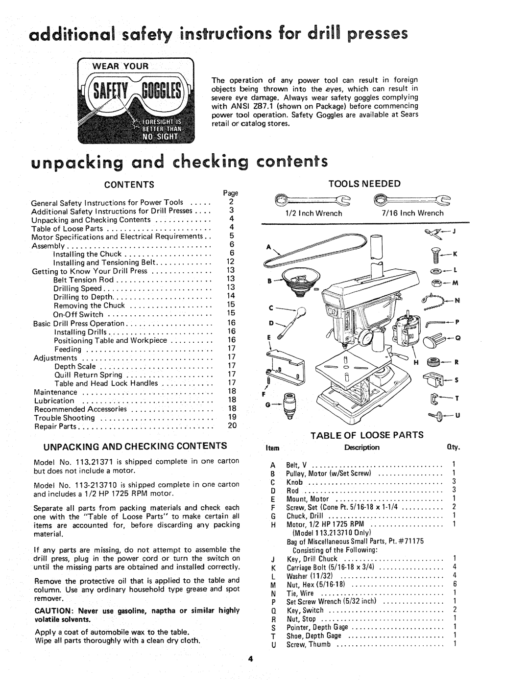 Sears 113.21371 manual Additional safety instructions for drill presses, Unpacking checking 