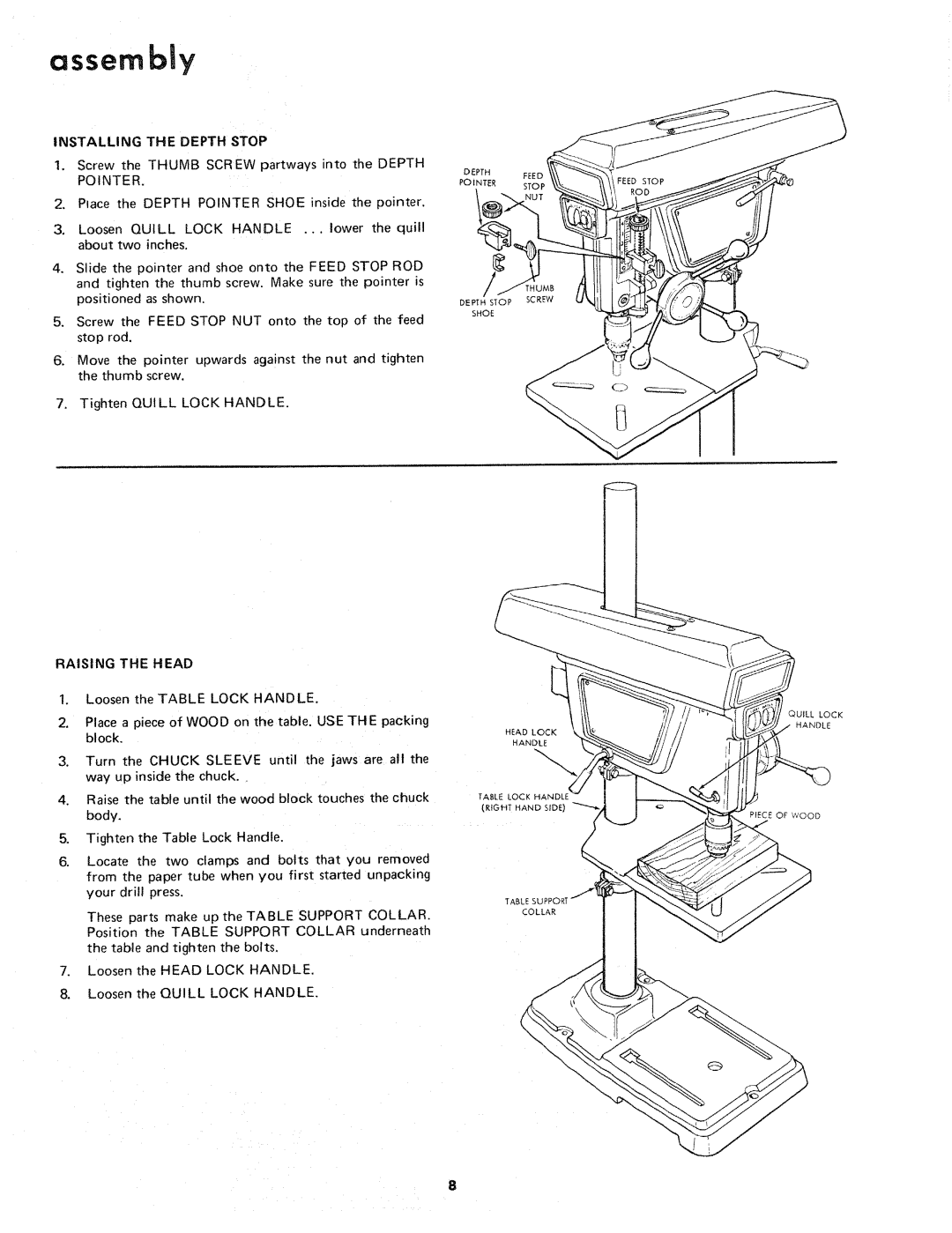 Sears 113.21371 manual Raising the Head, Installing the Depth Stop, Screw the Thumb Screw partways into the Depth Pointer 