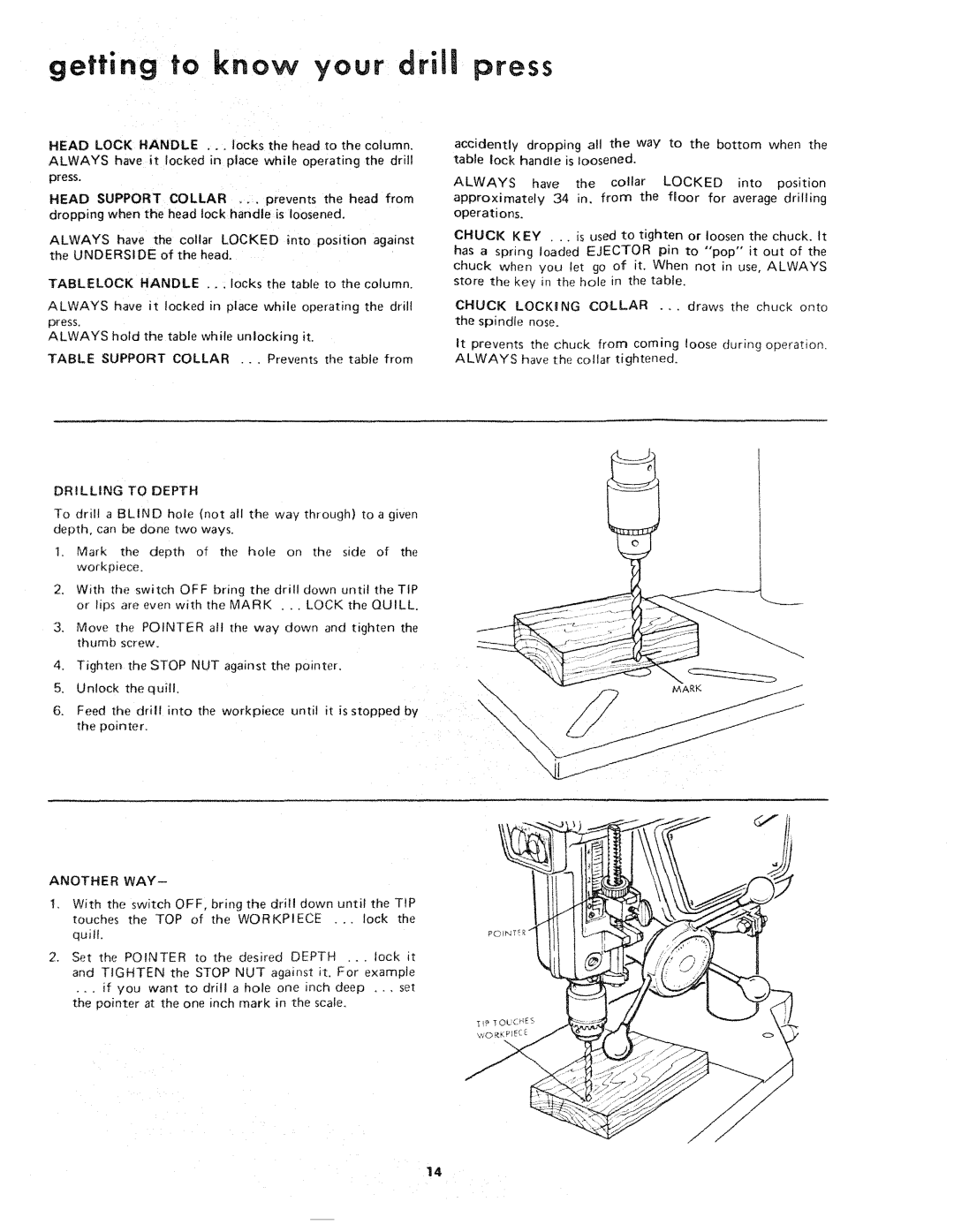 Sears 113.21371 manual getting to know your drill press, HEAD LOCK HANDLE ... locks the head to the column, Another Way 