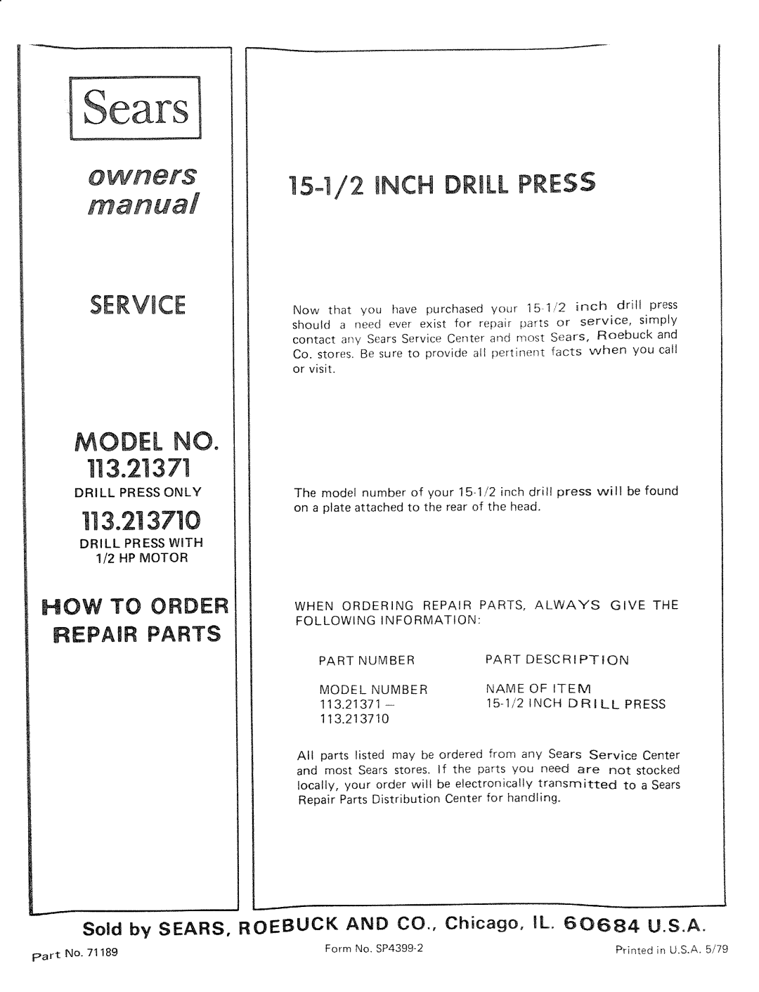 Sears 113.21371 manual 5/2 NCH DRILL PRESS, Service, 113.2!3710, Model No, How To Order Repair Parts 